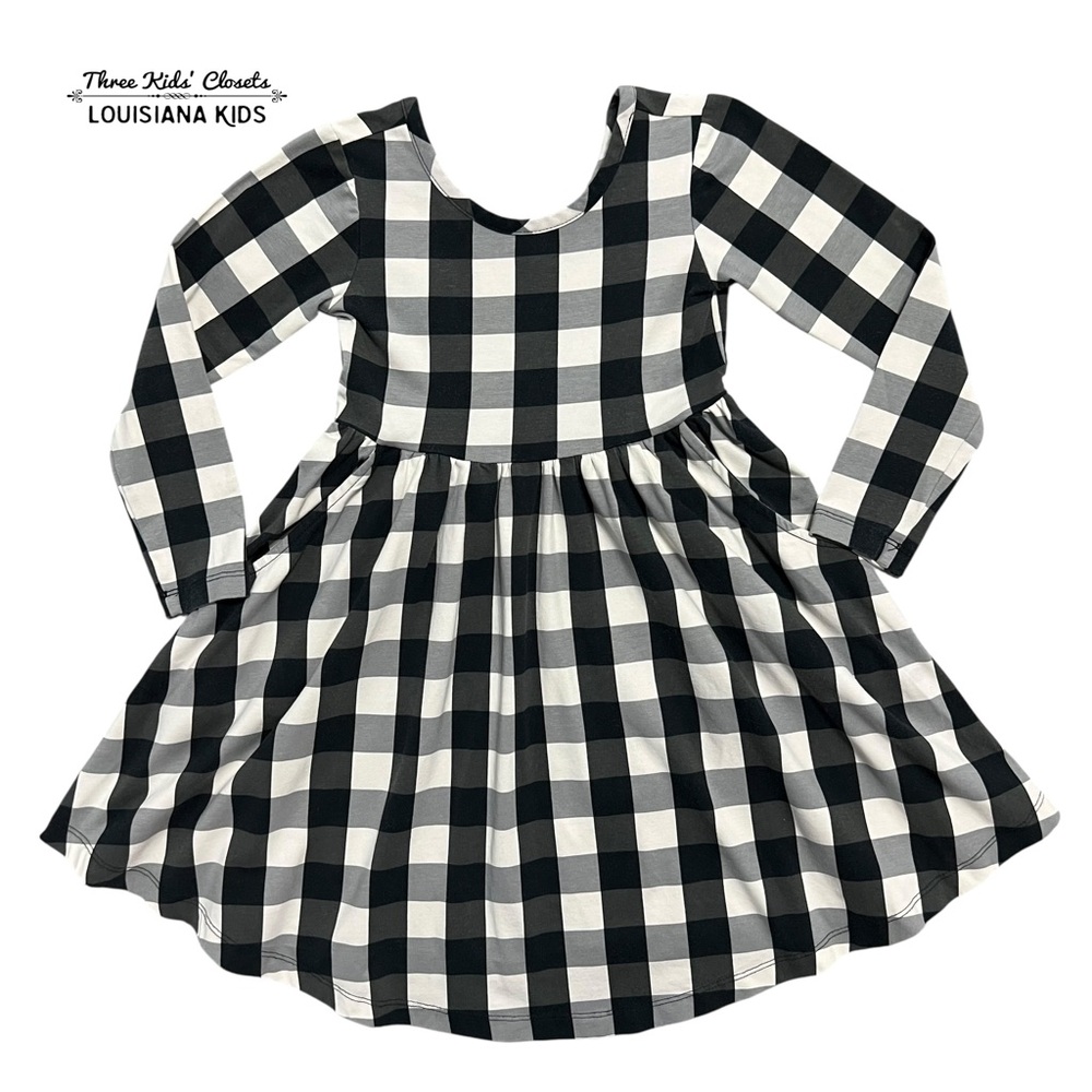 Hanna Andersson Sz 100 (4) Black Grey White Buffalo Plaid Twirl Dress